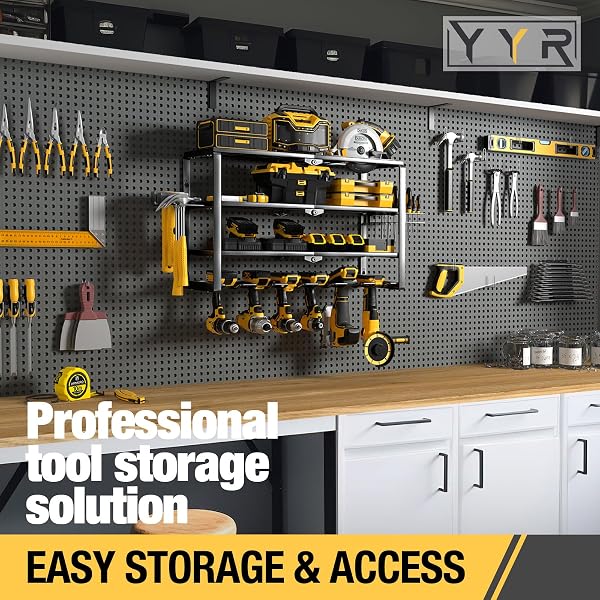 YYR 4 LAYER POWER TOOL ORGANIZER WALL MOUNT, CORDLESS DRILL HANGER STORAGE RACK, BATTERY TOOLS HOLDER WITH CHARGING STATION SHELF FOR GARAGE ORGANIZATION, WORKSHOP, PEGBOARD, SHED – 24 INCH 6 SLOTS