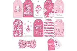 Whaline 120Pcs Winter Christmas Paper Tags Pink White Name Hanging Tag Labels with Hemp Rope for Birthday Baby Shower Party D