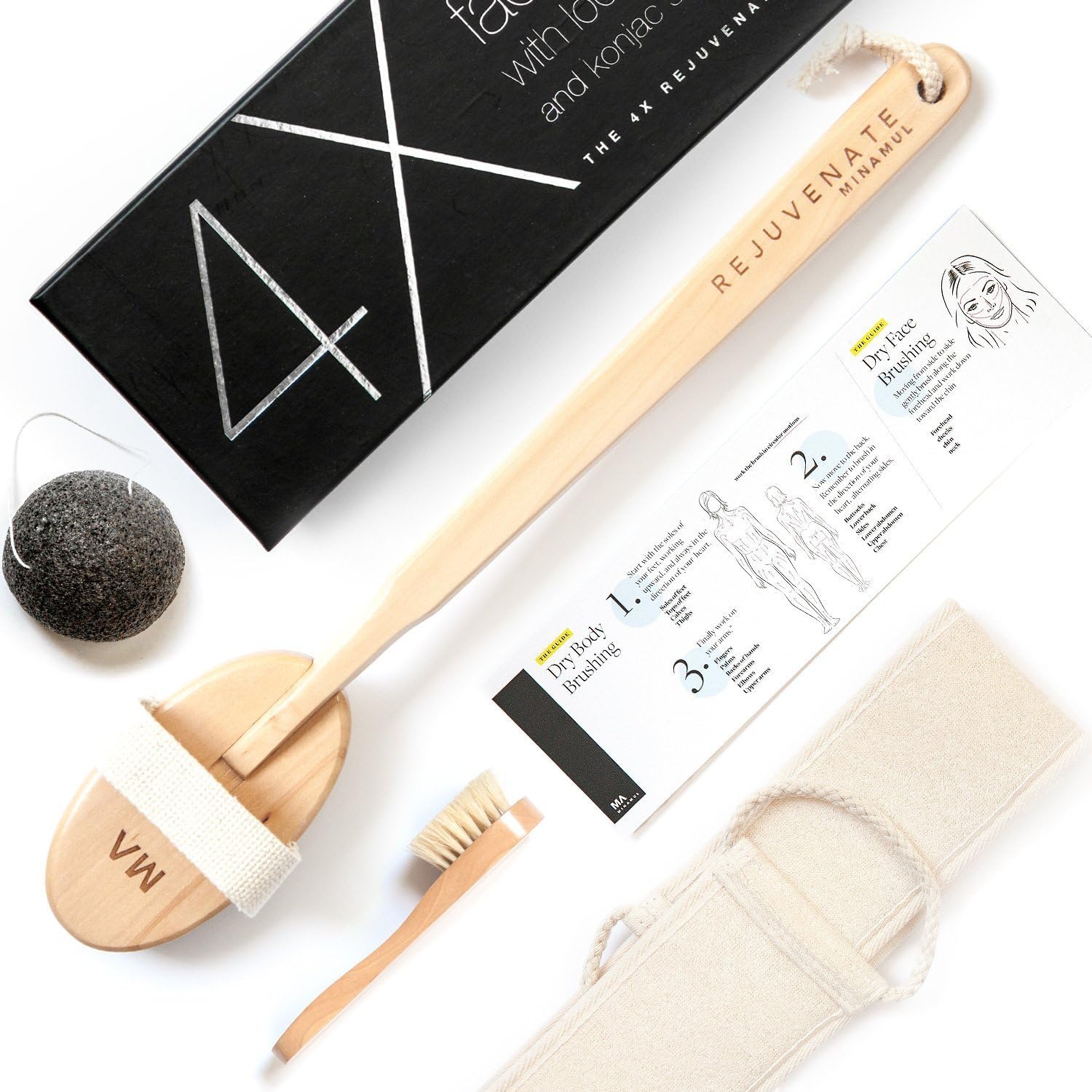 Minamul Luxurious All Natural Dry Body Brushing and Face Brush Bundle, Long Detachable Handle with Natural Boar Bristles, Shower and Bath Brush
