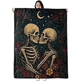 Skeleton Couple Blanket Gifts for Boys Girls Kids, Gothic Romantic Moon and Roses Warm Soft Flannel Throw Blankets for Travel, Sofa, Living Room, Bedroom Decor, 50x60 in