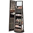 SONGMICS 360° Swivel Jewelry Cabinet, Lockable Jewelry Organizer with Full-Length Mirror, Rear Storage Shelves, Interior Mirror, Jewelry Armoire, Gift Idea, Ash Brown UJJC006K02