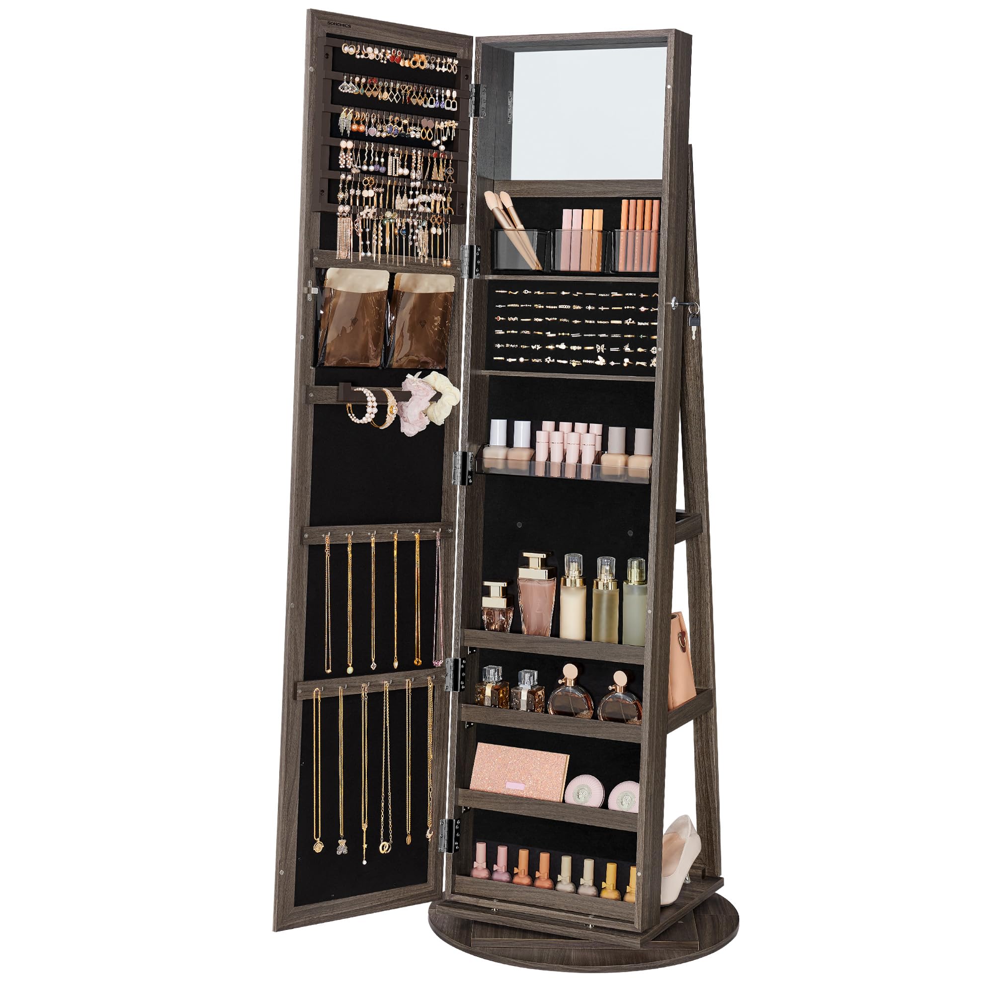 SONGMICS 360° Swivel Jewelry Cabinet, Lockable Jewelry Organizer with Full-Length Mirror, Rear Storage Shelves, Interior Mirror, Jewelry Armoire, Gift Idea, Ash Brown UJJC006K02 Image SONGMICS 360° Swivel Jewelry Cabinet, Lockable Jewelry Organizer with Full-Length Mirror, Rear Storage Shelves, Interior Mirror, Jewelry Armoire, Gift Idea, Ash Brown UJJC006K02 Image