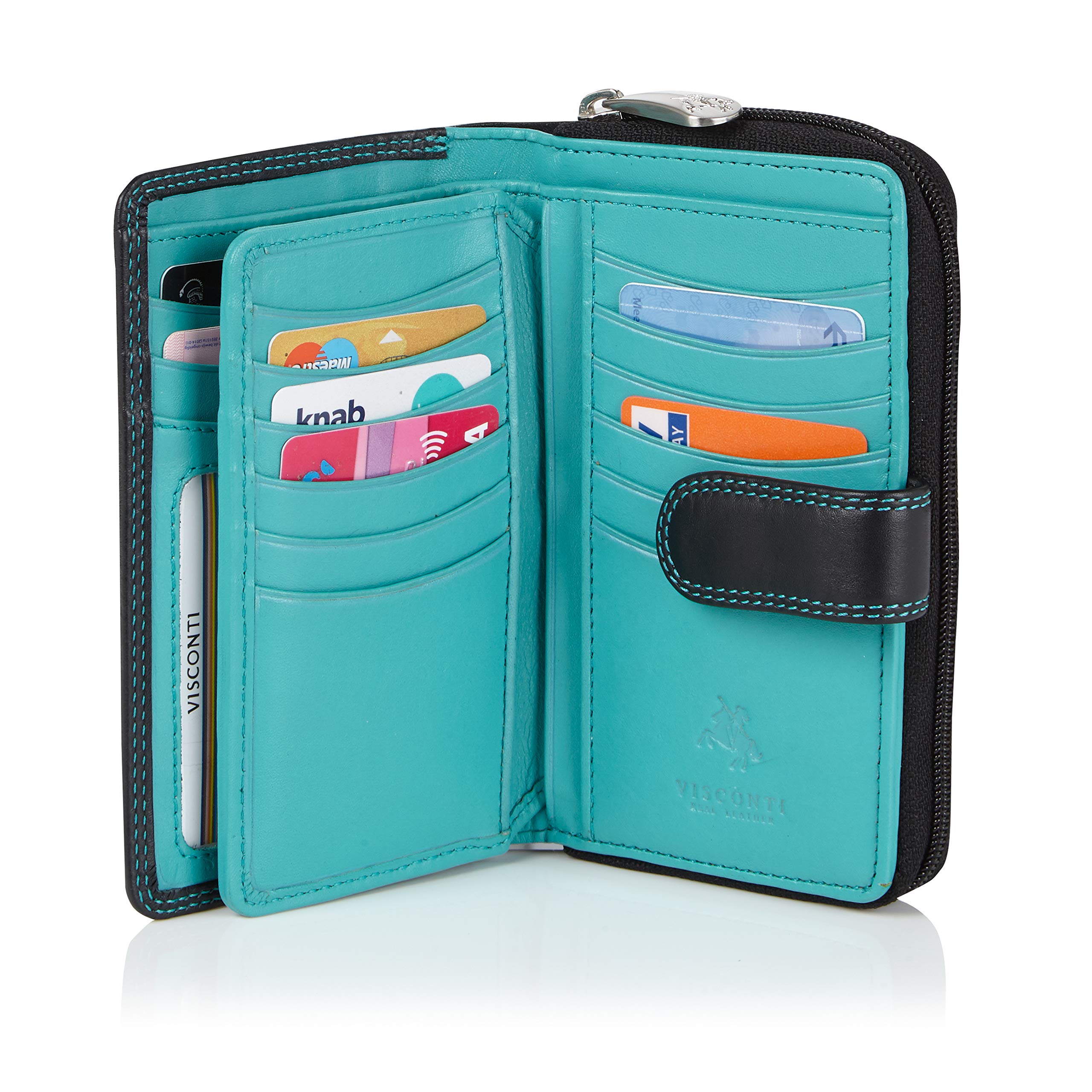 VISCONTI Ladies Soft Leather Colorado Collection Purse RFID Blocking CD22 Black/Aqua