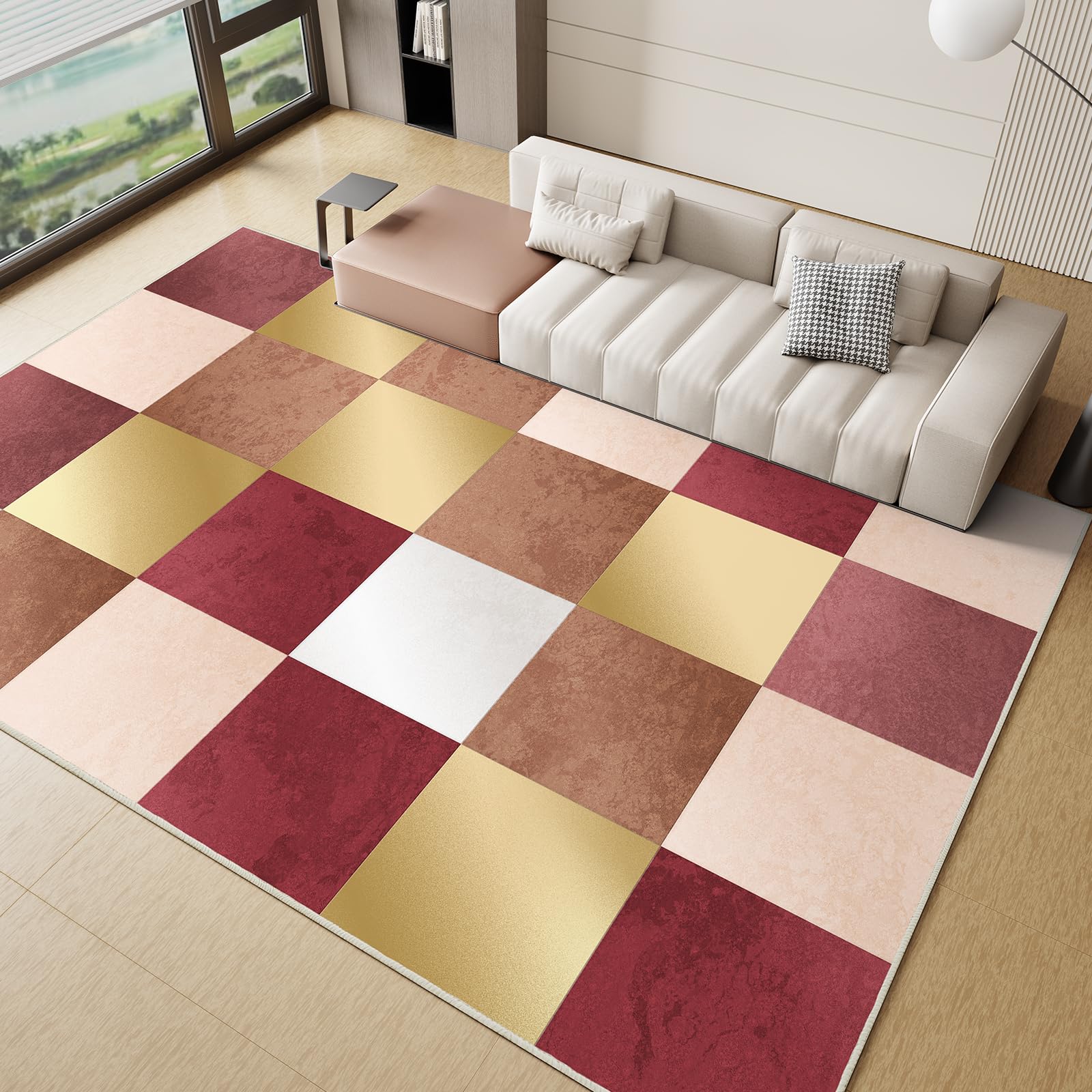Photo 1 of GEMBED Modern Area Rug - Geometric Rug for Bedroom Living Room, Machine Washable Rug Soft Non Slip Non Shedding, Checkered Rugs for Teen Dorm Home Decor Aesthetic, Nursery, Playroom, Red Gold, 9'x12'
