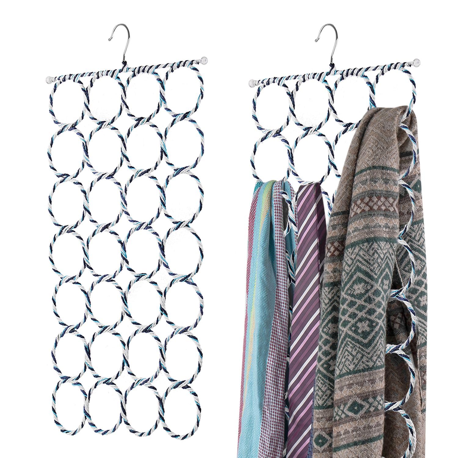 Flexzion Scarf Organizer for Closet - 28 Slot Scarf Hanger Hijab Organizer, Space Saver for Socks, Shawls, Ties, Towels, Belts, Multi Purpose Hanging Rack Storage, 2 Pack Colors May Vary