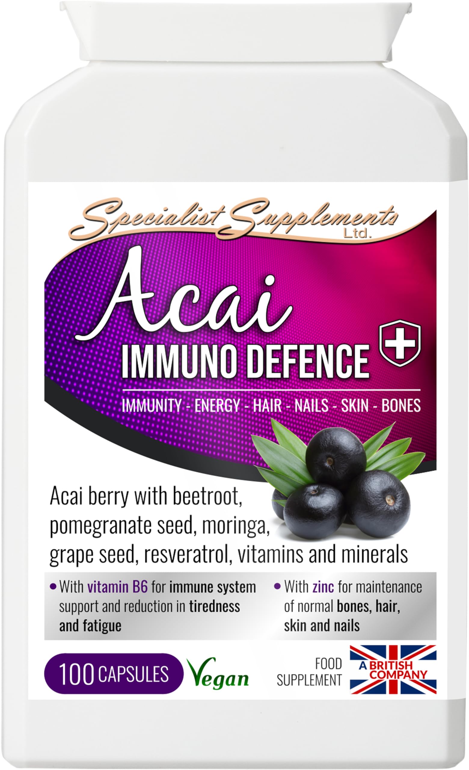 Specialist Supplements Acai Immuno Defence with Resveratrol, Vitamins and Minerals, 100 Capsules