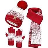 Remifa Womens Winter Beanie Hat Scarf Gloves Set, Pom Pom Warm Hat Long Knit Scarf Touchscreen Gloves 3 In 1 Christmas Gift