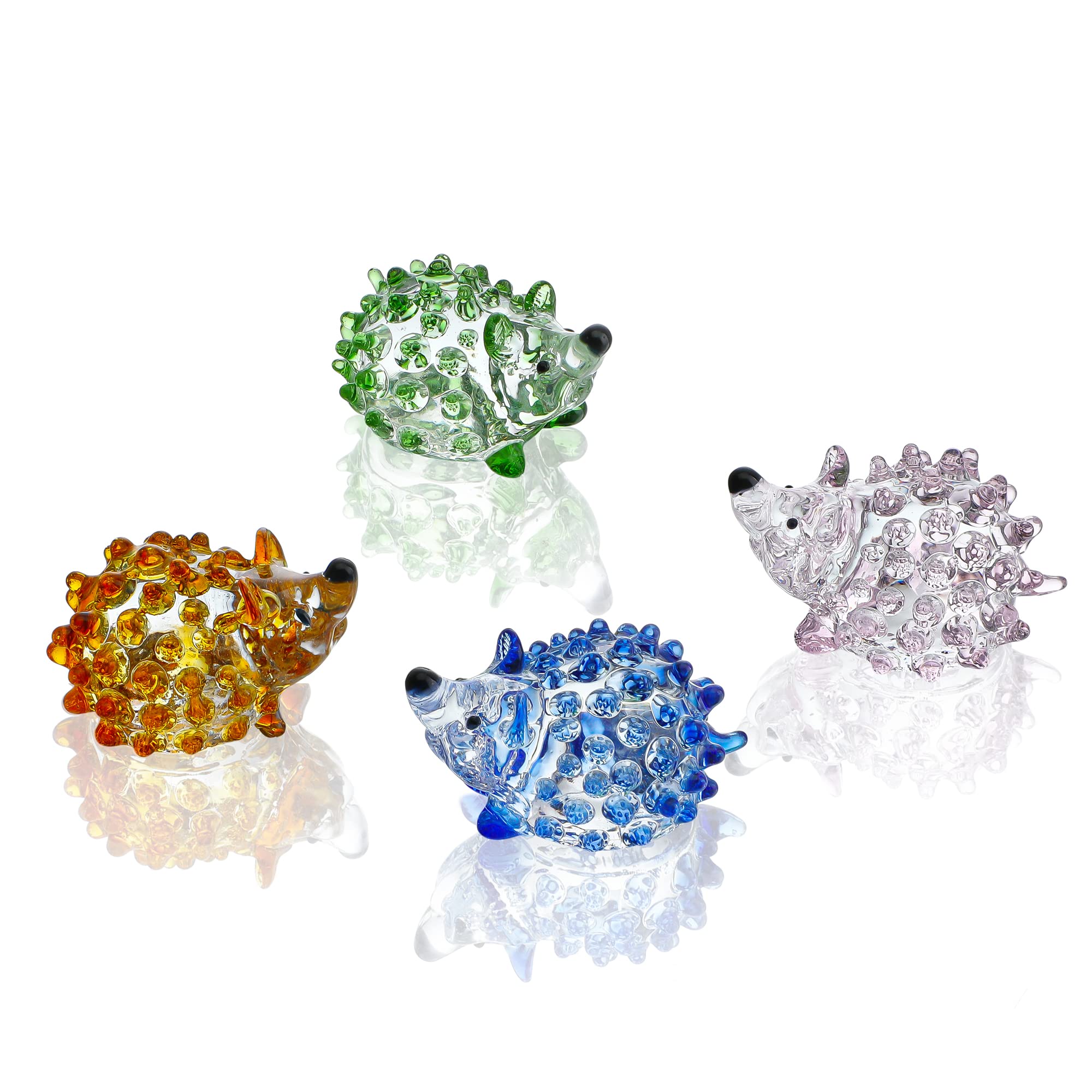 H&D HYALINE & DORA Set of 4 Blown Glass Lovely Hedgehog Figurines,Handmade Colorful Glass Art Animals Collectible Gift Home Decor