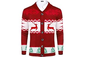 COOFANDY Men's Christmas Cardigans Ugly Xmas Sweaters Reindeer Snowflake Shawl Collar Knitted Cardigan Sweater