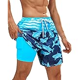 OlyPegic Mens Swim Trunks Bathing Suit Mens Swimwear Shorts Quick Dry with Compression Liner Beach Board with Zipper Pock