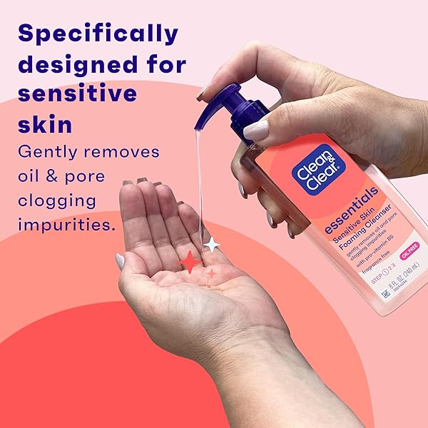 CLEAN & CLEAR ESSENTIALS OIL-FREE FOAMING FACIAL CLEANSER, DAILY FOAMING FACE WASH WITH PRO-VITAMIN B5 FOR SENSITIVE SKIN, GENTLY REMOVES OIL & PORE-CLOGGING IMPURITIES, FRAGRANCE-FREE, 8 FL OZ