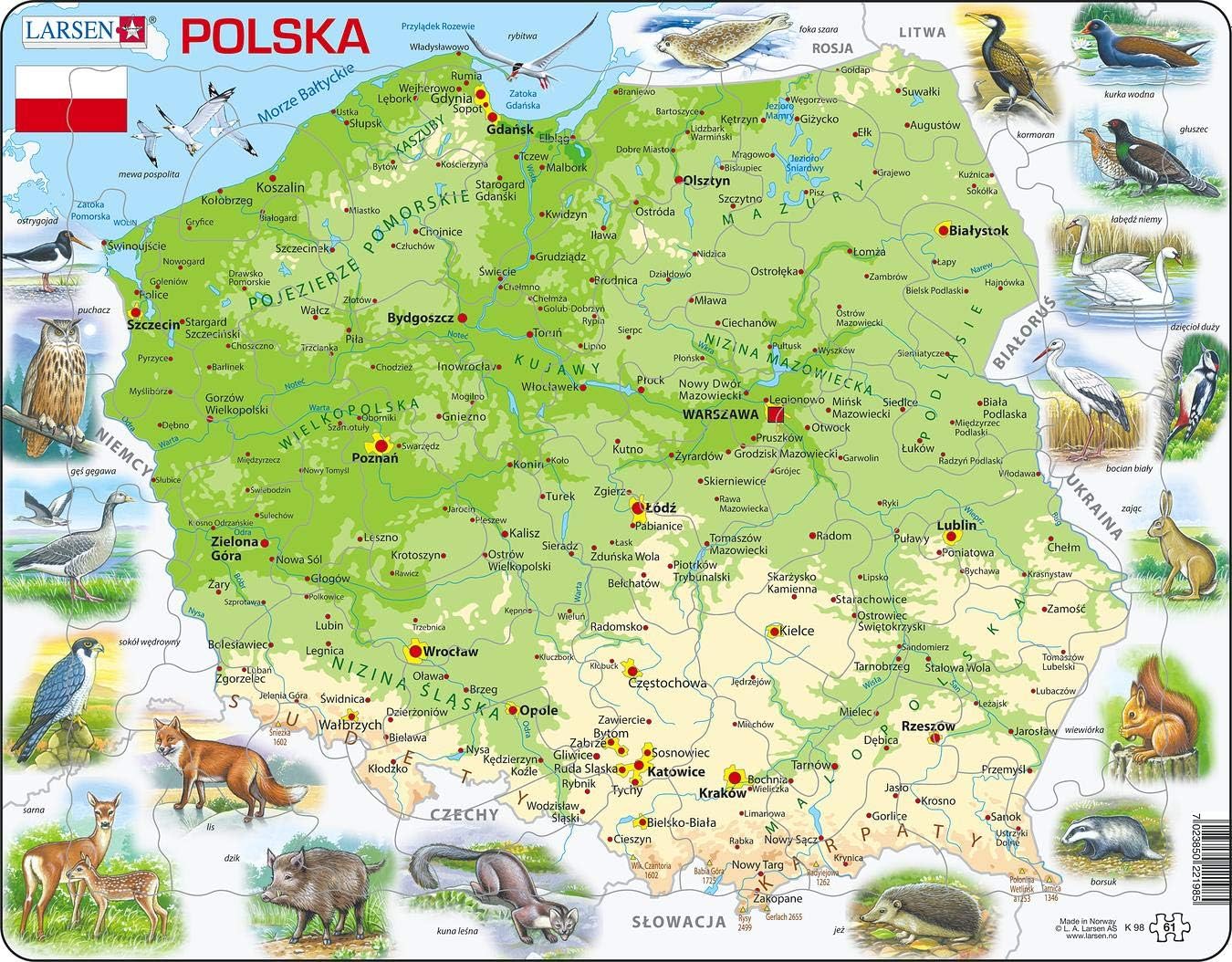 Larsen K98 Poland Physical Map Jigsaw Puzzle, Earthy Greens, Blues, Browns, Whites, Bright Colors, 61 sztuk