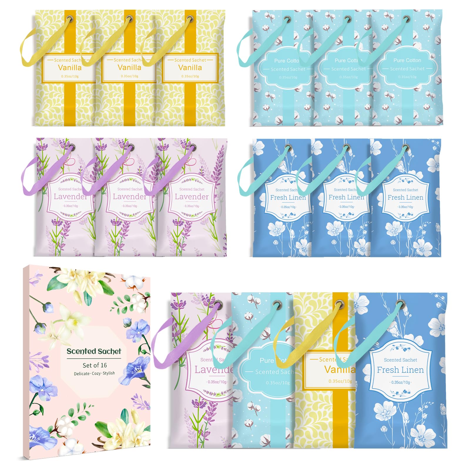 SCENTORINI Scented Sachets, Linen, Lavender, Cotton, Vanilla, 4 Fragrance for Wardrobe, Drawers, Closets, Cupboard, 16 Pack