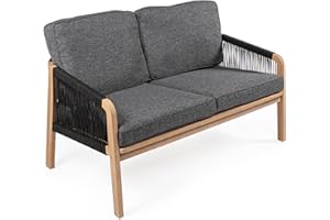 JONATHAN Y SFB1001B Arwen Modern Bohemian Roped Acacia Wood Outdoor Loveseat with Cushions Coastal, Contemporary, Transitional, Rustic for Backyard, Patio, Porch, Black/Light Teak