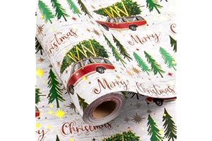 Flyhill Christmas Wrapping Paper Roll-17 Inch X 33 Feet-46.8sqft-Metallic Sparkle Star with Red Car Truck,Trees,Merry Christmas Letters Design for Birthday,Origami,Party