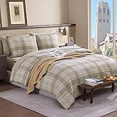 AMBERSPACE Twin XL Comforter Set, Khaki Green Plaid Bedding Set 5 Piece for Boys Girls Teen, Classic Homestead-Style Kids Comforter Set Bed in A Bag with Sheets, Pillowcase & Sham