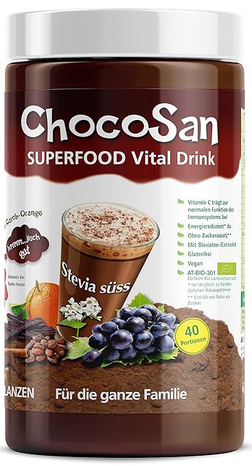 ChocoSan Superfood Vital Drink Getränkepulver mit Stevia, Carob, Kakao, Orangen, Hagebutten, Zimt…, gesundes Kakaogetränk ohn
