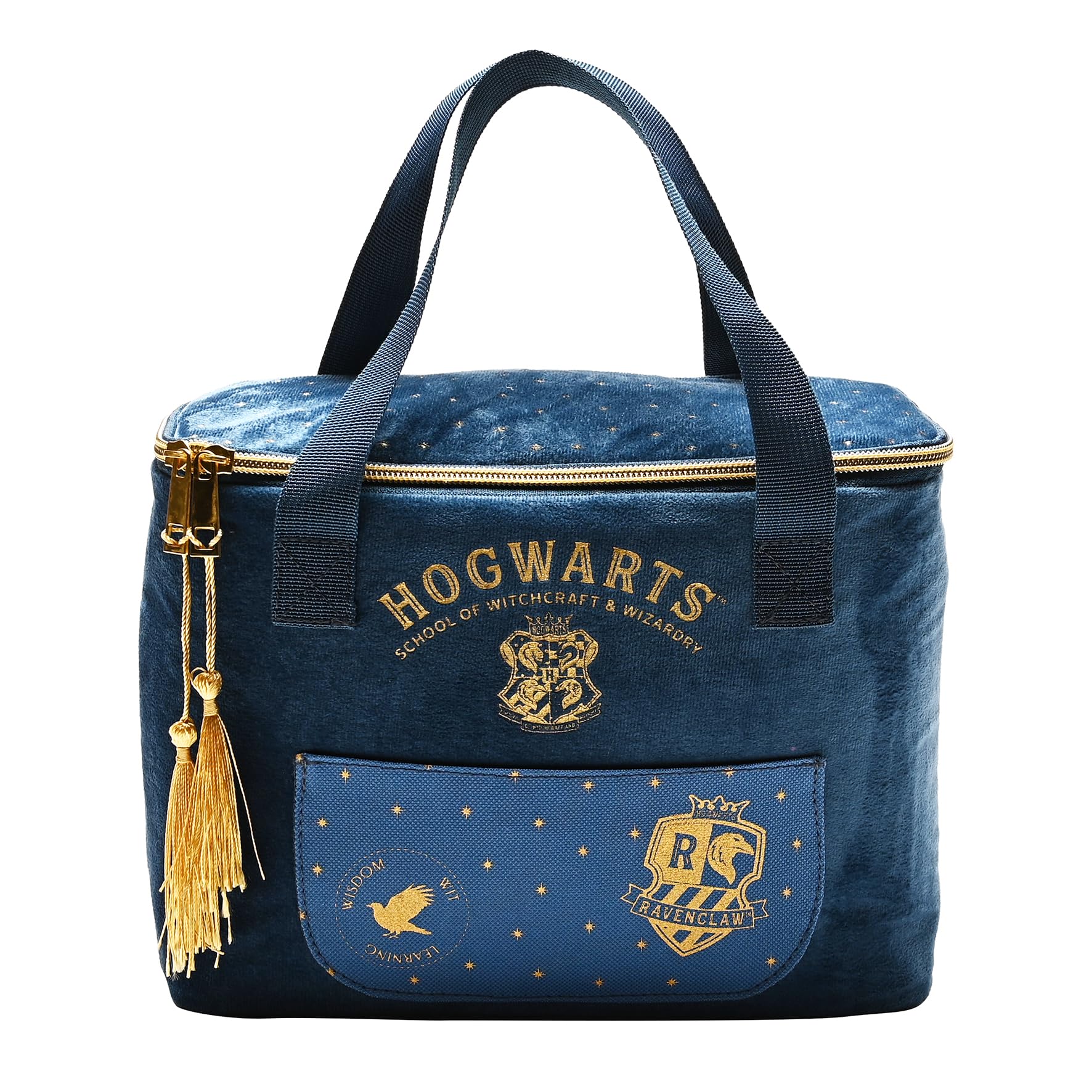 Warner Bros Harry Potter Ravenclaw Alumni Lunch Bag – Official Blue Velvet Insulated Lunch Tote with Embroidered Hogwarts Crest, Tassel Zippers – School Lunch Box for Kids, Teens & Adult