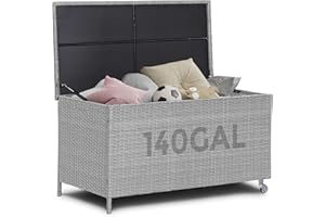 GARDENSTAR 140 Gallon Deck Box Easyup Rattan Deck Storage Box Outdoor Deck Box for Patio Furniture Cushions Toys Garden Tools Pool Grey Large