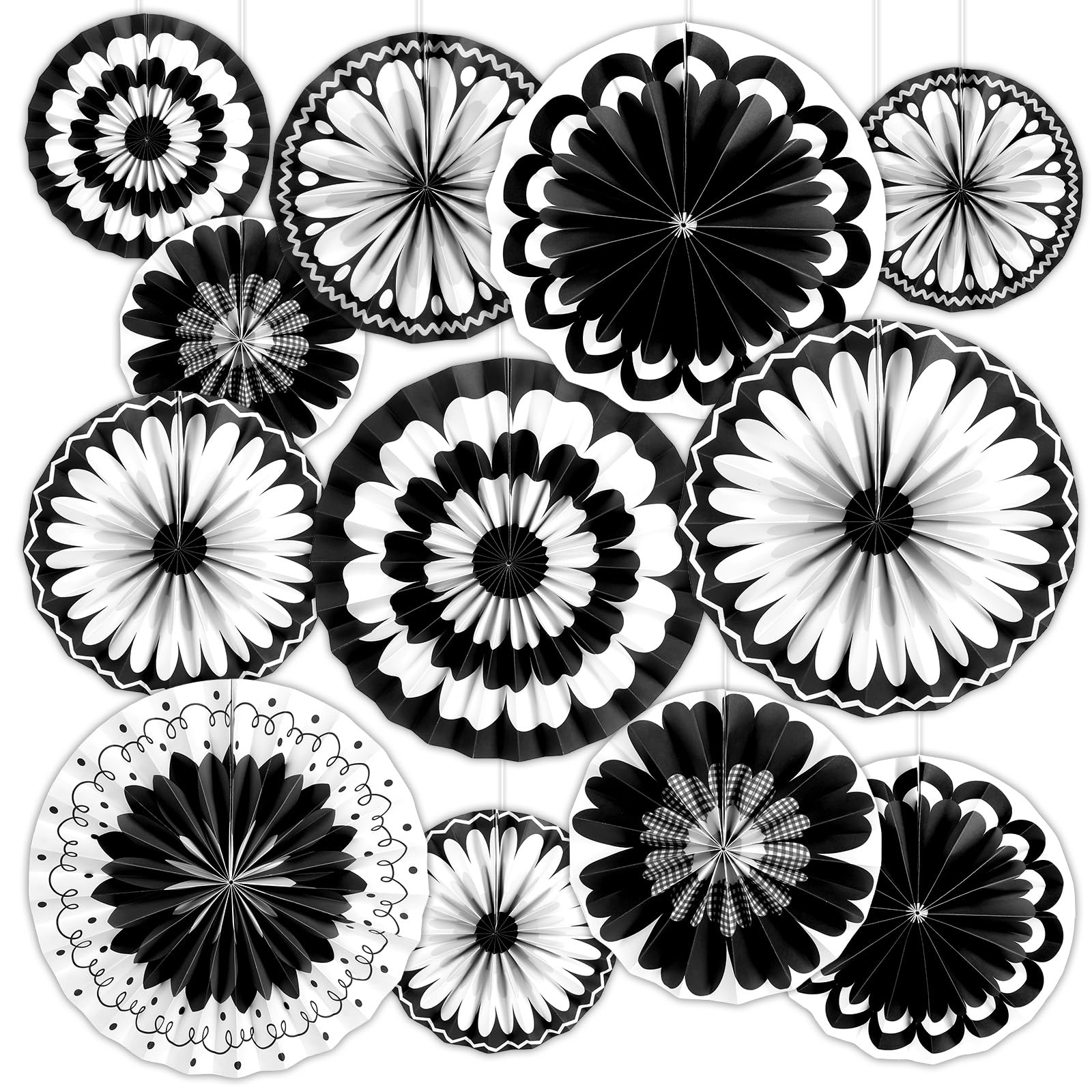 Photo 1 of 12PCS 3D Black White Paper Flowers Bulletin Board for Wall Classroom Decoration Paper Fans for DIY Bulletin Board Photo Backdrop Premade School Home Classrooms Showers and Birthday Party Supplies