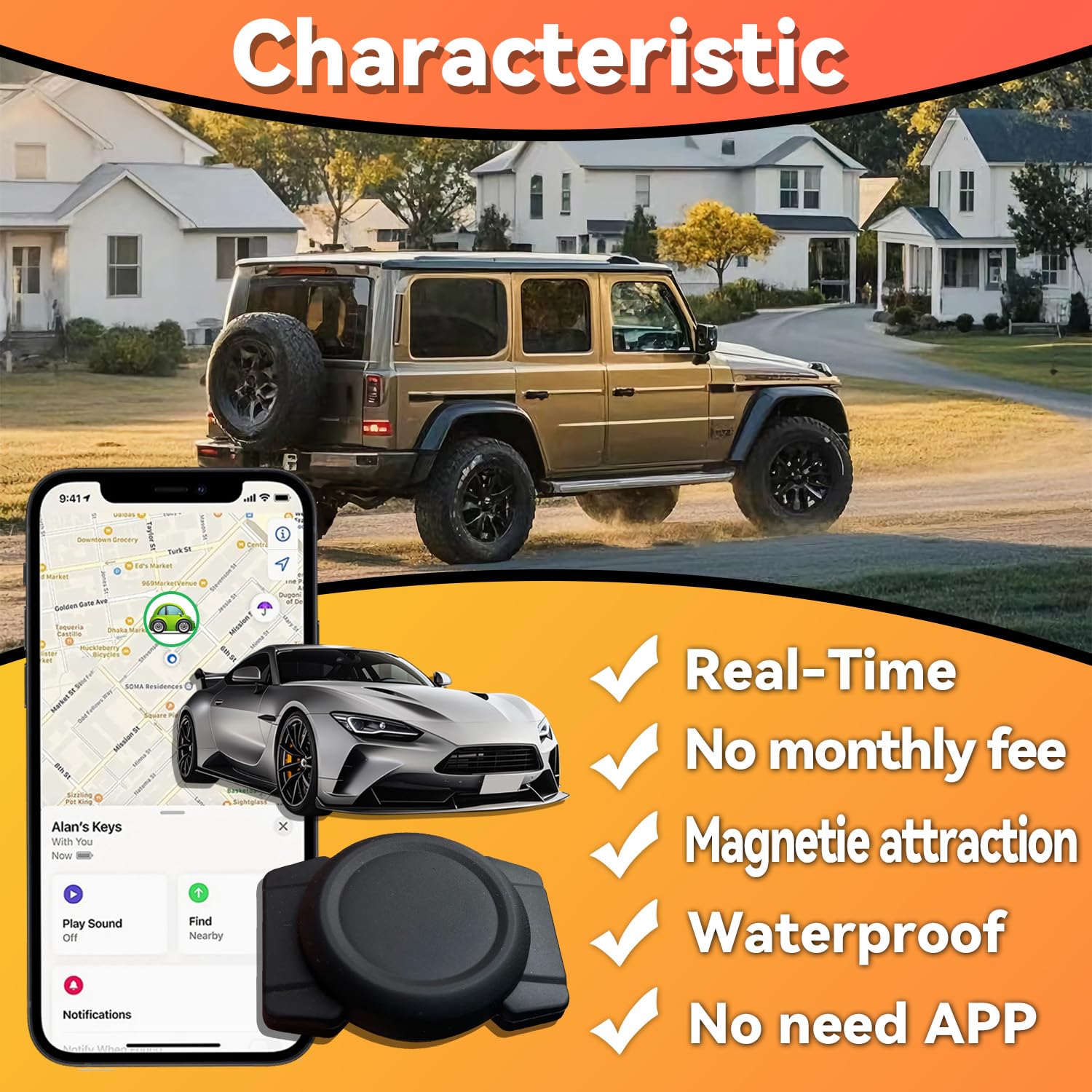 Mini GPS Vehicle Tracker - Real-Time Magnetic Tracking Device with Weatherproof Case, No Monthly Fees, Compatible with Apple Find My (iOS Only) - Ultimate Hidden Car Tracker for Global Coverage