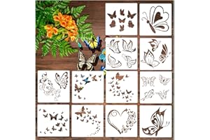 HUAHUI 12 Pieces Butterfly Stencil Reusable Flying Butterfly Template Plastic Nature Spring Stencils for Painting on Wood DIY Craft Drawing Home Decor Wood Sign (12pcs Butterfly)