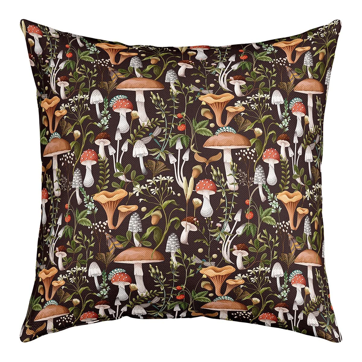 Mushroom Pillow Cover Red Strawberry Trippy Mushrooms Square Throw Pillow Cover for Kids Bedroom Decor 20x20 Inch Jungle Rustic Wild Plants Palm Leaves Decorative Double Sides Print Cushion Cover