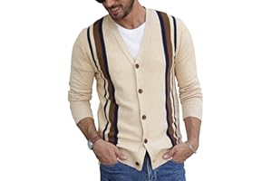 NITAGUT Men's Vintage Striped Long Sleeve Cardigan Sweater with Button V Neck Knitted Sweaters