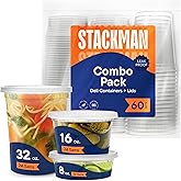 Stack Man [60-Sets] Plastic Deli Food Storage Containers with Airtight Lids Combo Set | 32 oz | 16 oz | 8 oz. | Disposable Plastic Takeout Containers for Soup - Freezer, Microwave and Dishwasher Safe