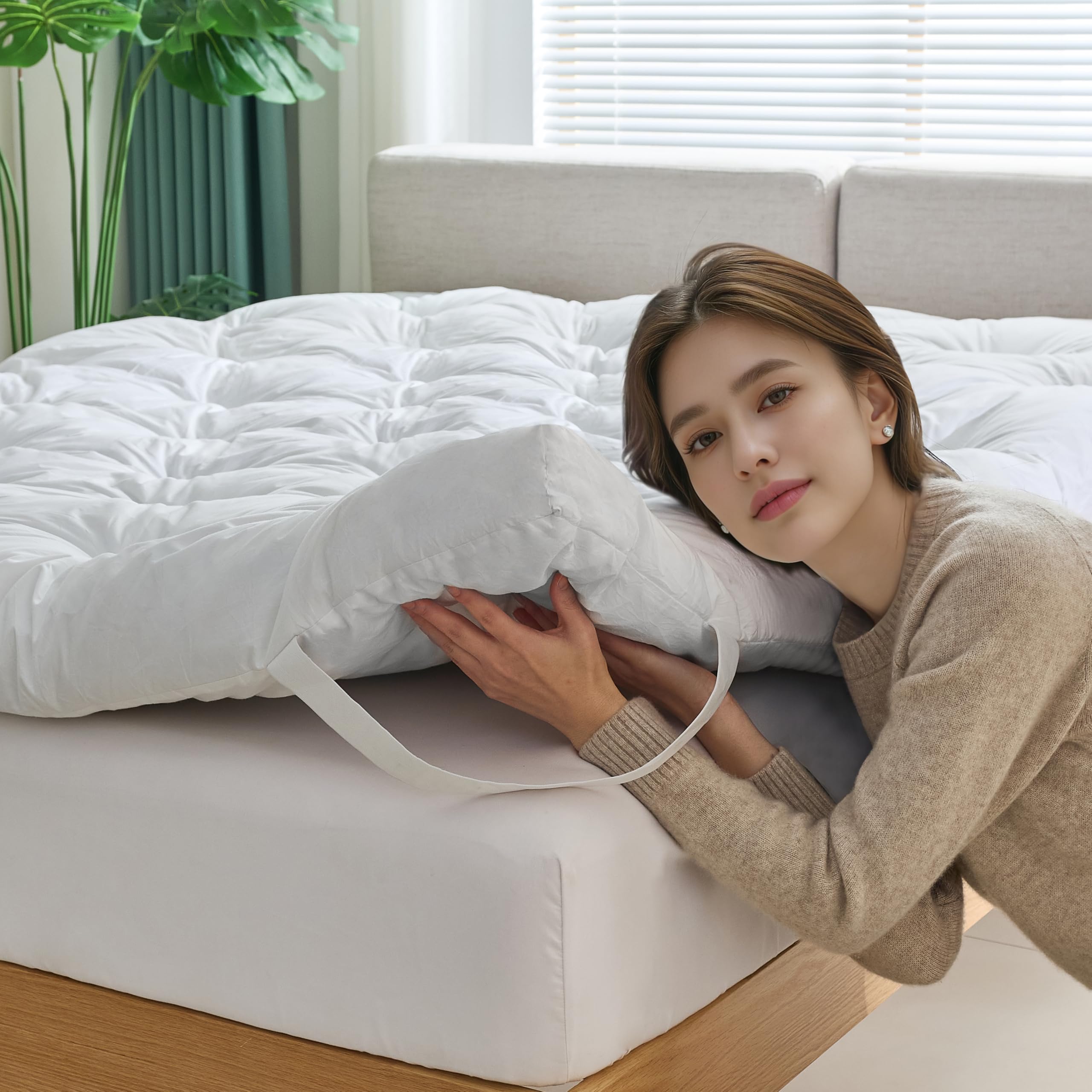 Photo 1 of WhatsBedding 3 Inch Feather Bed Mattress Topper, Duck Feather MemoryFoam Bed Topper,Soft Fluffy Supportive Pressure Relief Mattress, Full