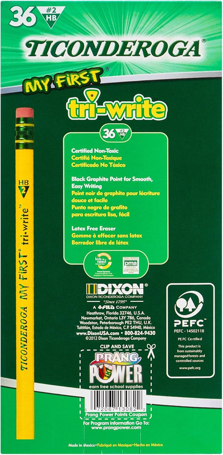 TICONDEROGA My First Tri-Write Pencils with Eraser, Primary Size Wood-Cased #2 HB Soft, Yellow, 36-Pack (13082): Office Products