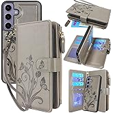 Lacass Case Wallet for Samsung Galaxy S24 6.2 inch 2024, [12 Card Slots] ID Credit Cash Holder Zipper Pocket Detachable Leather Wallet Cover with Wrist Strap Lanyard（Floral Gray）
