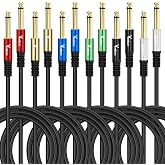 1/4 Inch TS Guitar Patch Cables, Multicolor Dual 6.35mm TS Mono Unbalanced Instrument Cord 2 FT-6 Pack, Unbalanced Gold-Plated Male to Male Pedal Board Cord for Studio,Mixer, Bass,Speaker Pro Audio