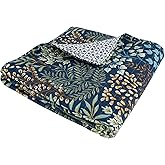 Levtex Home - English Forest Navy - Throw - Leaves - Navy, Green, Teal, Blue, Cream - Quilt (50x60in.) and Sham 50x60in. - Rayon/Cotton