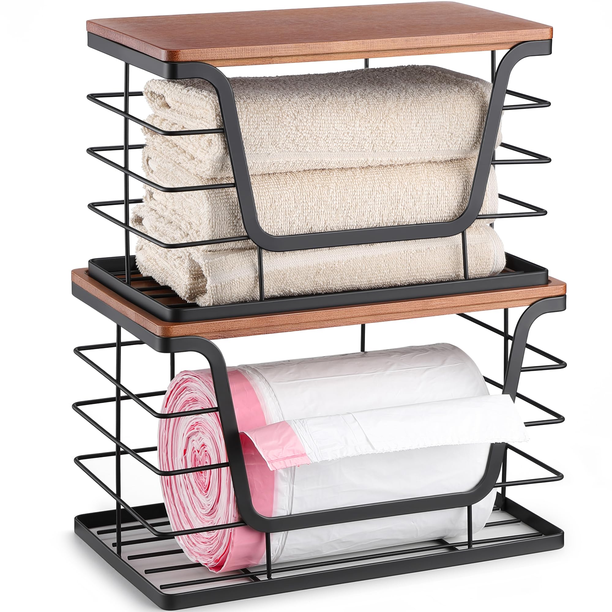 Photo 1 of ALOCEO 2 Pack Stackable Storage Bins with Lids, Stainless Steel Extra Large Trash Bag Dispenser Roll Holder for Kitchen Sink, Laundry, Pantry Organizer and Storage, Walnut Black