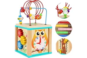 TOYS OF WOOD OXFORD TOWO Wooden Activity Cube Beads Maze -5 Activities Roller Coaster Abacus Cog Wheels Gears Clock Zig Zag Slide-Early Educational Toys for Baby -Educational Wooden Toys for 1 Year Old Montessori Toys