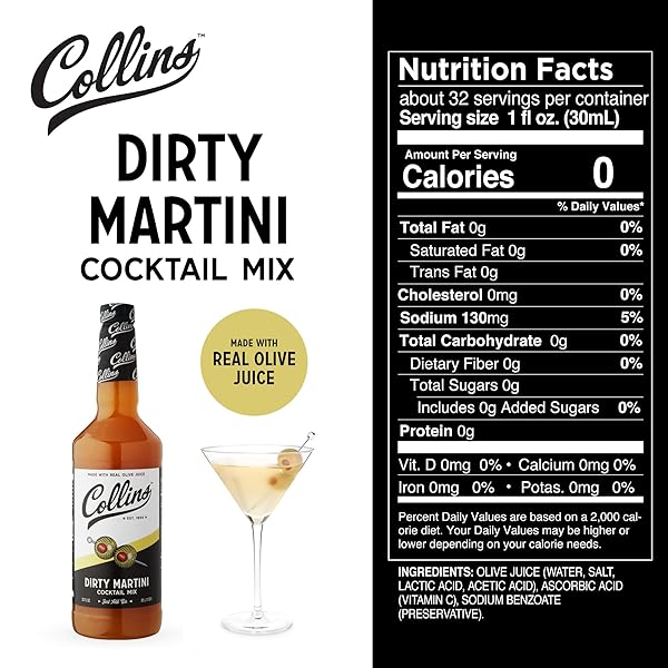 COLLINS DIRTY MARTINI MIX, MADE WITH REAL OLIVE BRINE FOR THE BOLD FLAVOR YOU NEED, CLASSIC COCKTAIL RECIPE INGREDIENT, BARTENDER MIXER, DRINKING GIFTS, HOME COCKTAIL BAR, 32 FL OZ