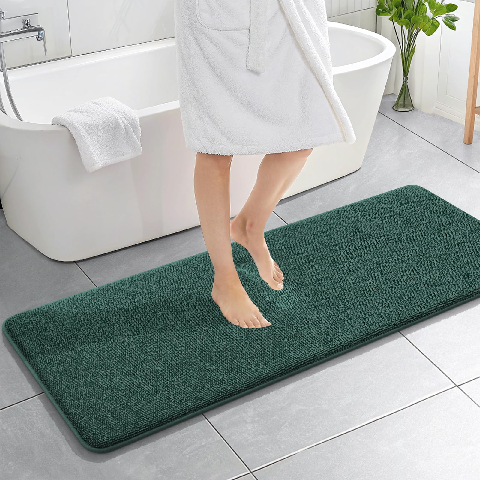 OLANLY Thick Memory Foam Bath Mat Rug 59x20, Extra Soft Absorbent Bathroom Rug, Quick Dry Bath Mats, Non-Slip, Washable Carpet for Bathroom, Tub and Shower, Home Decor Accessories, Blackish Green Image