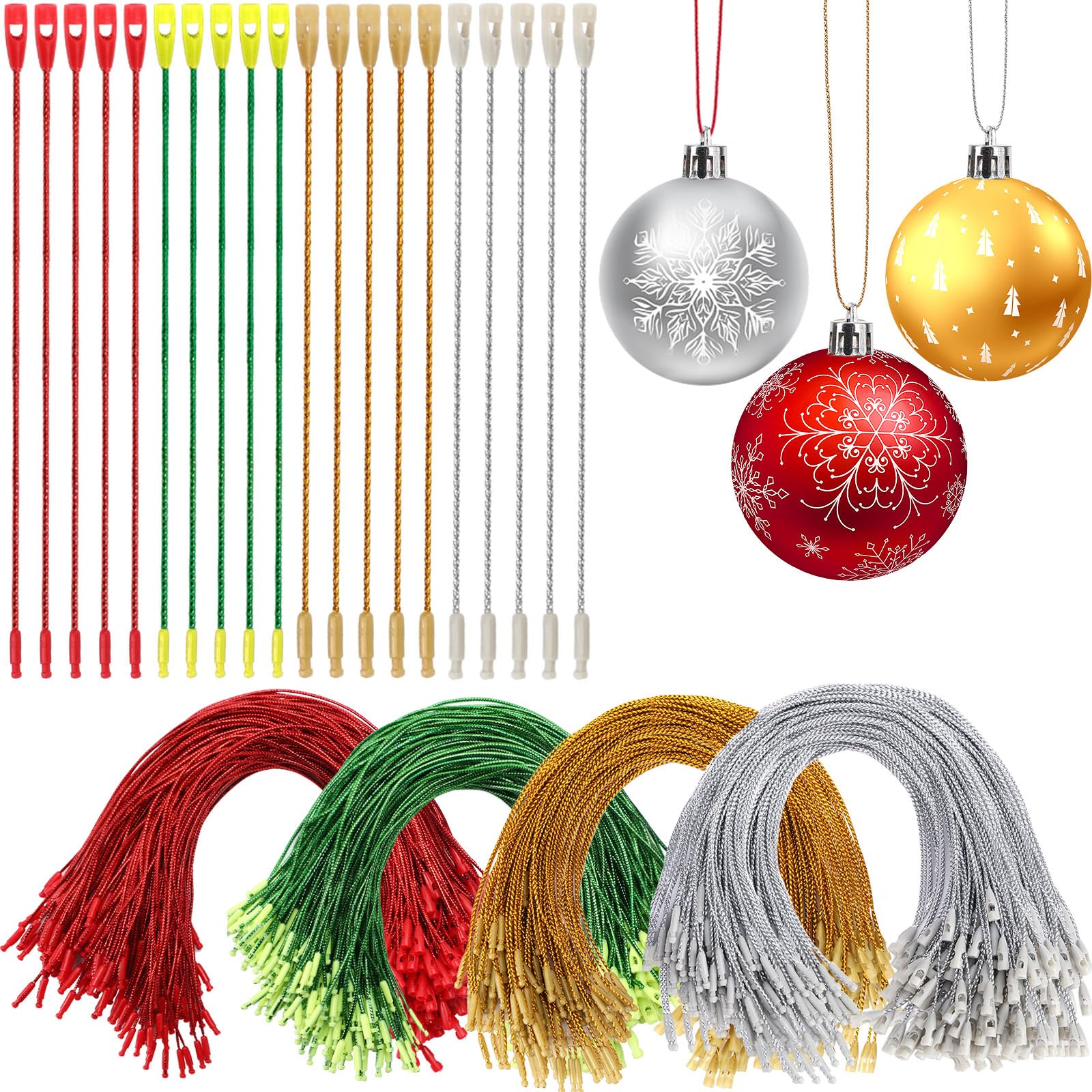 AUGSUN Christmas Balls Hanger Hooks, 200 Pieces with Snap Fastener for Christmas Tree Balls (Gold, Silver, Red, Green)