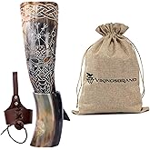 Authentic Handmade Viking Drinking Horn - Medieval Norse Ale Drinking Mug For Vikings with Stand - Hand Engraved Viking's Drink Cup - Food Safe Beer Horns (Odin & Vegvisir - 14 Inches), 2 Piece Set