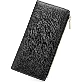 Slim Genuine Leather Wallet for Women RFID Blocking Bifold Credit Card Holder with Zip Pocket Blue (Black)
