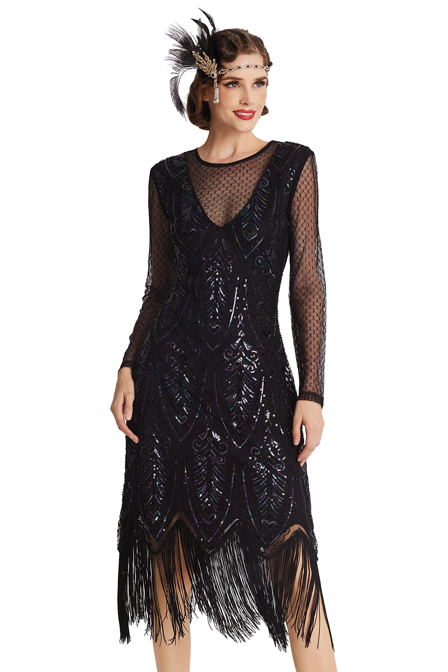 Photo 1 of BABEYOND Women's Gatsby Flapper Dress - 1920s Long Sleeves Sequin Beaded Dress for Party - Black