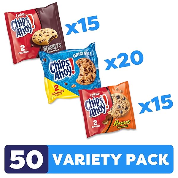 CHIPS AHOY! COOKIES VARIETY PACK, ORIGINAL CHOCOLATE CHIP, CHEWY CHOCOLATE CHIP WITH REESE’S PEANUT BUTTER CUPS & CHEWY HERSHEY’S FUDGE FILLED SOFT COOKIES, 50 SNACK PACKS (2 COOKIES PER PACK)