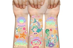 SOOVSY Mermaid Temporary Tattoo for Kids, 85+ Designs Glitter Fake Tattoos, Gift for Boy & Girls Stickers with Ocean Creatures & Under The Sea Animal, Fit Birthday Party Favor Supplies