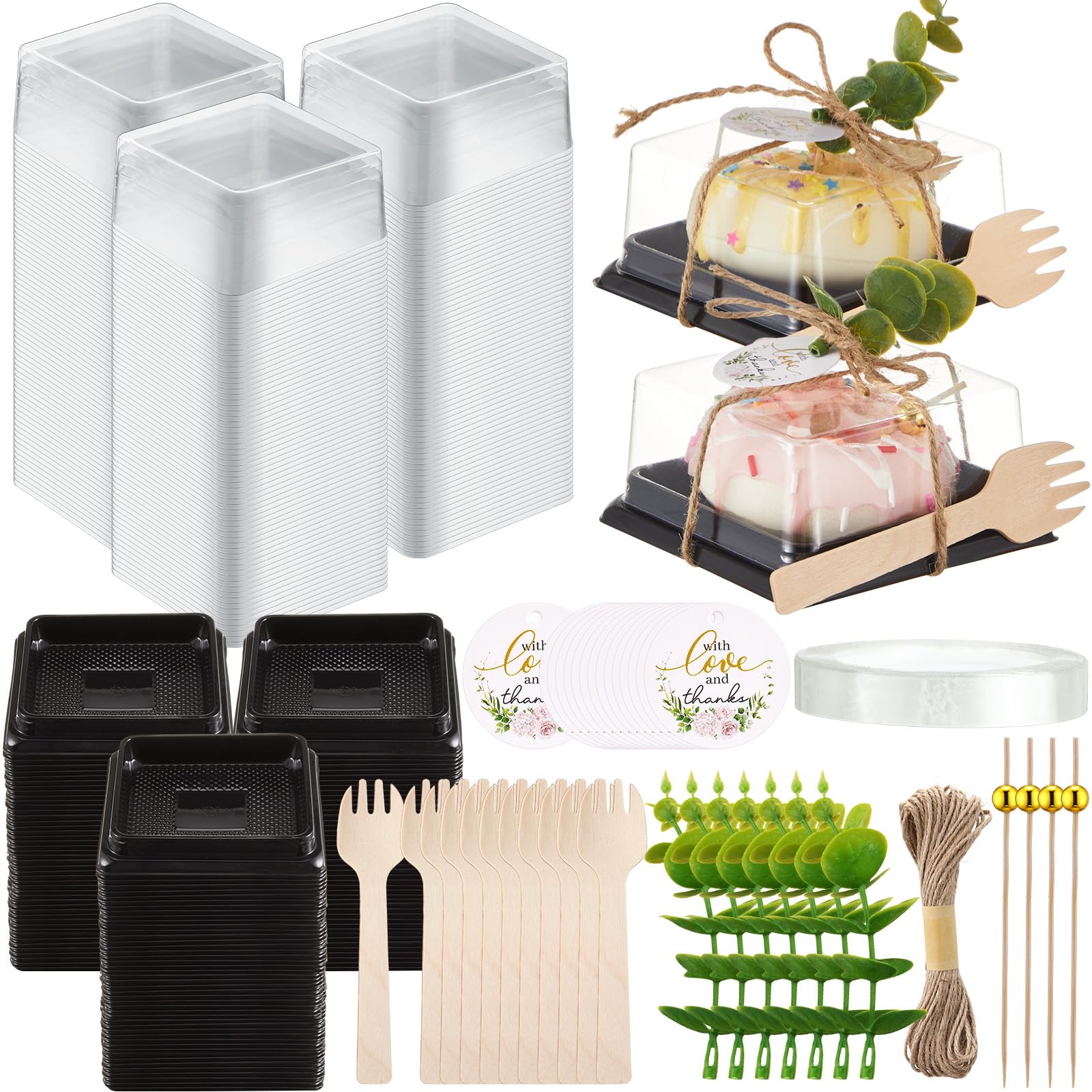 Photo 1 of Honeydak Clear Cake Containers with Lids Wedding Cake Pans Cupcake Container Muffins Box Cocktail Picks Appetizer Thanks Tags Eucalyptus Leaves for Wedding Birthday Dessert Display(Black,100 Sets)