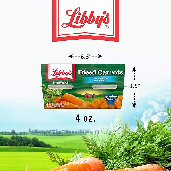 LIBBY’S DICED CARROTS | APPEALINGLY TENDER | FAINTLY SWEET & EARTHY FLAVOR | VIBRANT ORANGE SLICES | FARM FRESH GOODNESS | NO PRESERVATIVES | SIX 4-PACK SLEEVES OF 4.0 OZ CUPS (24 CUPS TOTAL)