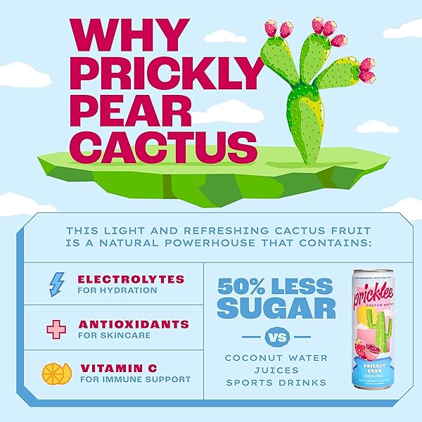 PRICKLEE PRICKLY PEAR CACTUS WATER – PACKED WITH ANTIOXIDANTS, ELECTROLYTES, VITAMIN C – NATURAL SPORTS DRINK FOR IMMUNITY, & RECOVERY – NON-SPARKLING, LOW-SUGAR, LOW-CALORIE, NO CAFFEINE