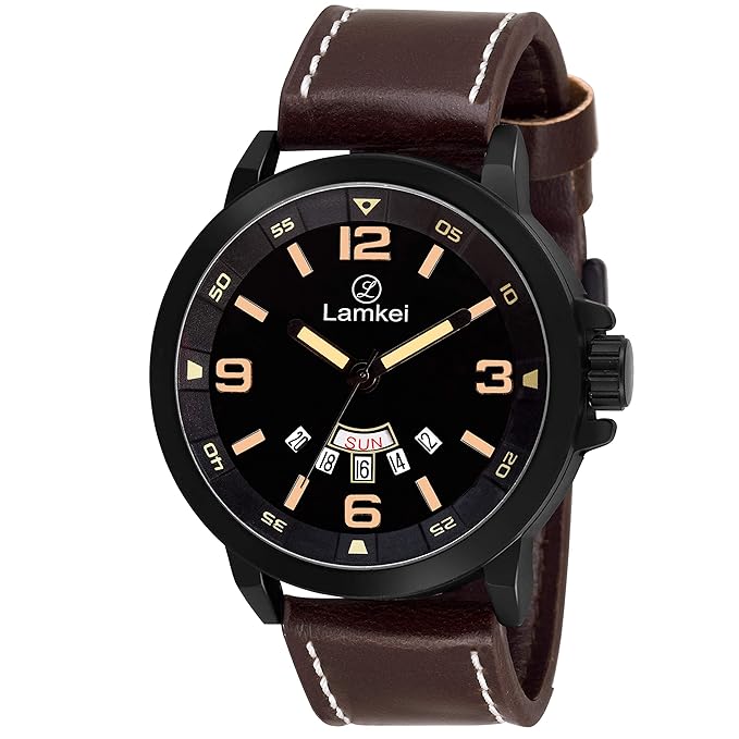 Lamkei Imported Day and Date Chronograph Black Dial Brown Leather Strap Mens Watch � LMK-0146