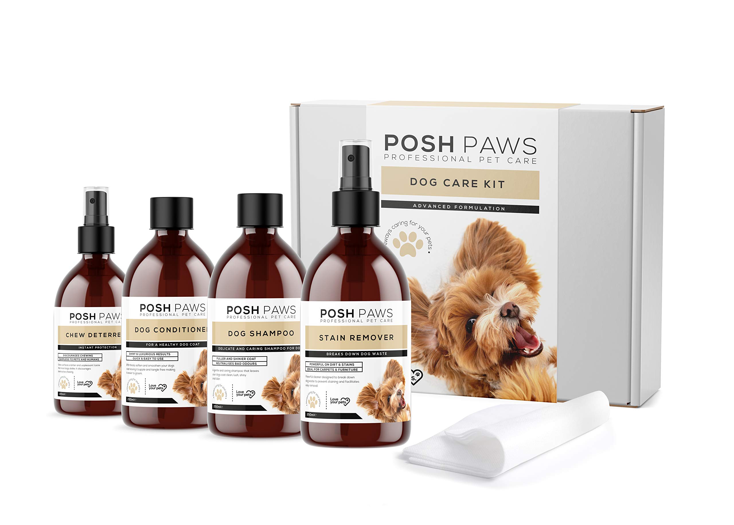 Posh Paws Dog Care Kit Pack-Includes Shampoo, Conditioner, Chew Deterrent, Accident Wee Cleaner and Cloth