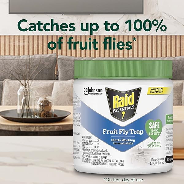 RAID ESSENTIALS FRUIT FLY TRAP FOR INDOORS, MADE WITH ESSENTIAL OILS, CHILD AND PET SAFE, 5.4 OZ